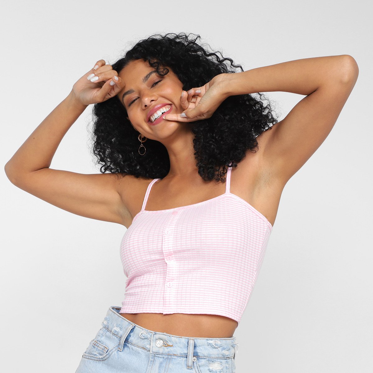Regata Lecimar Cropped Listrada Com Botões Feminina - Rosa Menor preço em Regata Lecimar Cropped Listrada Com Botões Feminina - Rosa