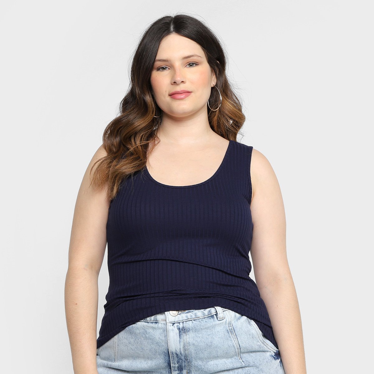 Regata Lunender Plus Size Malha Canelada Feminina - Marinho Menor preço em Regata Lunender Plus Size Malha Canelada Feminina - Marinho