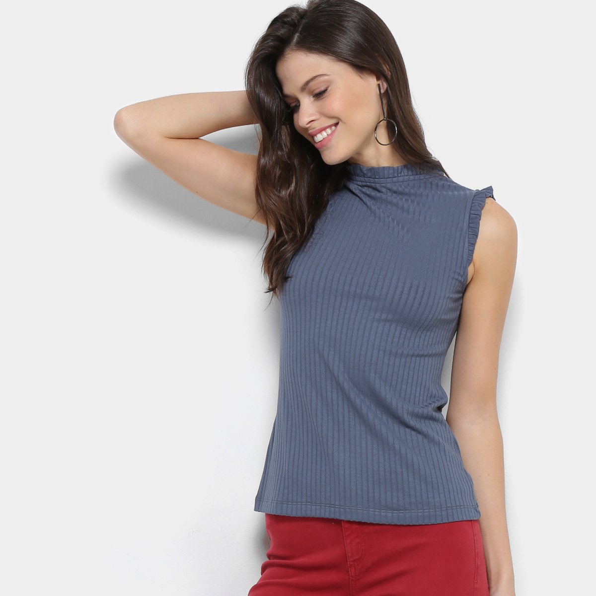 Regata Maria Filó Babados Feminina - Azul Menor preço em Regata Maria Filó Babados Feminina - Azul