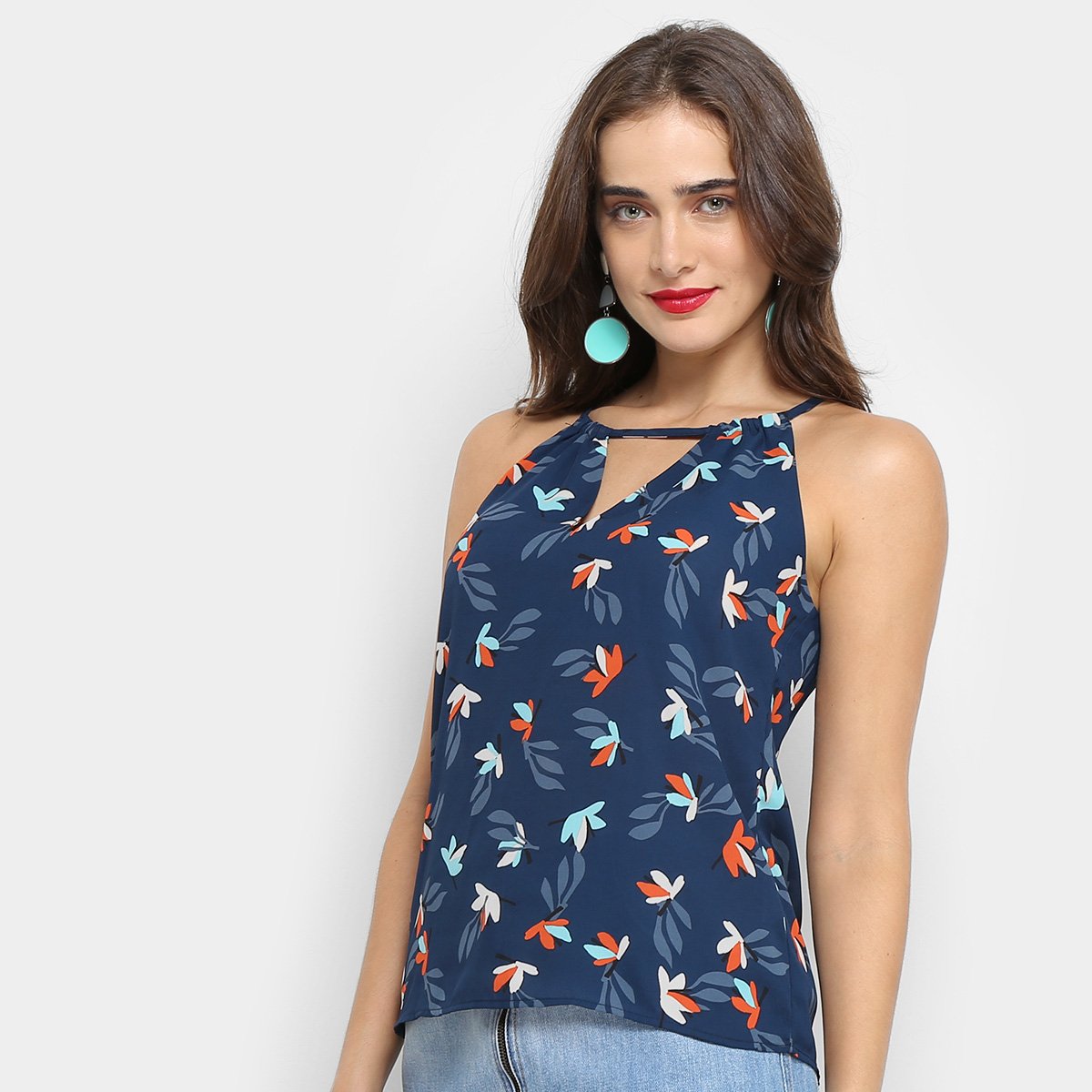 Regata Maria Filó Jardim Vanila Feminina - Azul Menor preço em Regata Maria Filó Jardim Vanila Feminina - Azul