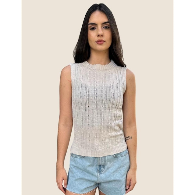 Regata Tricot Feminina Trança Croche Leve Casual Moda