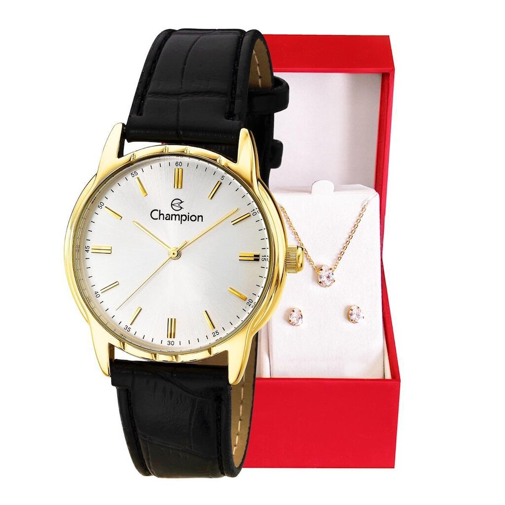 Relógio Champion Feminino Couro CH22519W Colar e Brincos