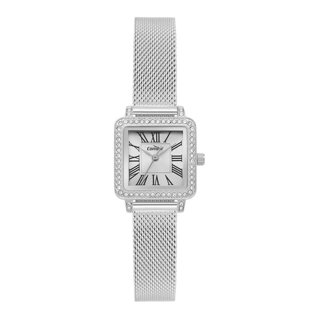 Relógio Condor Co2035obi/4k Quadradinho Mesh Esteira Feminin Prateado Pedras