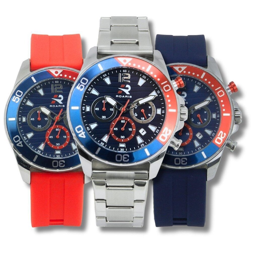 Relógio Cronógrafo Masculino Roaris RR00001 5 ATM Caixa em Metal 3 Pulseiras Prata Vermelho Azul