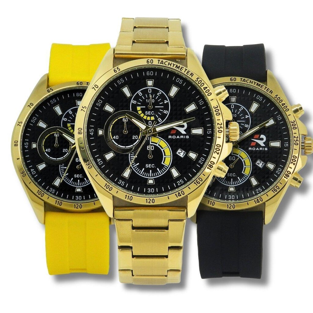 Relógio Cronógrafo Masculino Roaris RR00002 5 ATM Caixa em Metal 3 Pulseiras Dourado Preto Amarelo