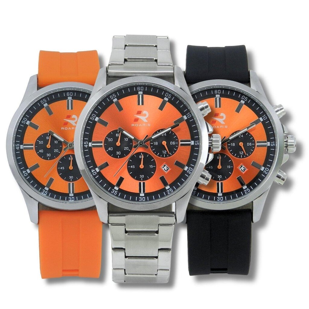 Relógio Cronógrafo Masculino Roaris RR00005 5 ATM Caixa em Metal 3 Pulseiras Prata Preto Laranja