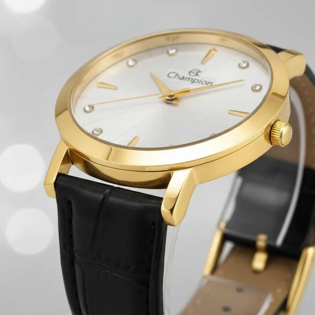 Relogio dourado Champion feminino pulseira de couro CN24226H