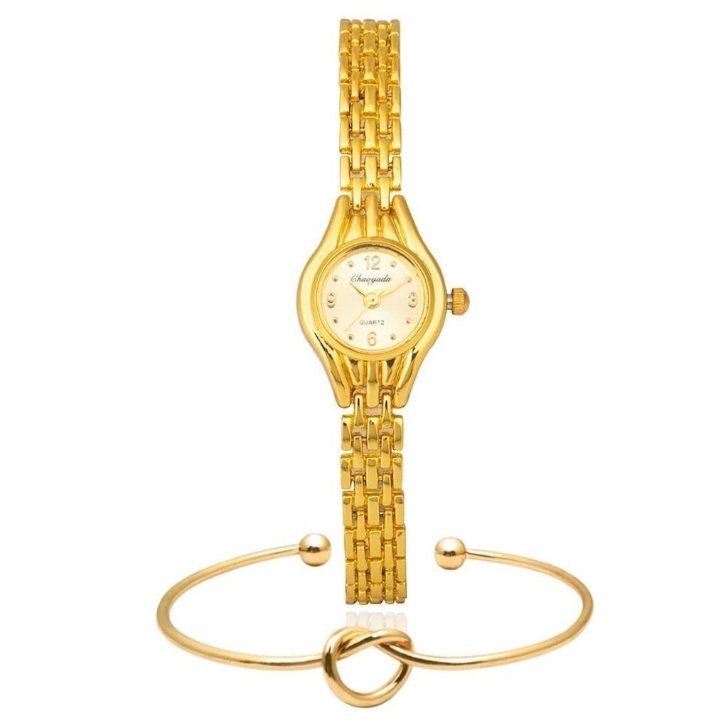 Relógio Dourado Feminino De Pulso Quartz Mini + Bracelete