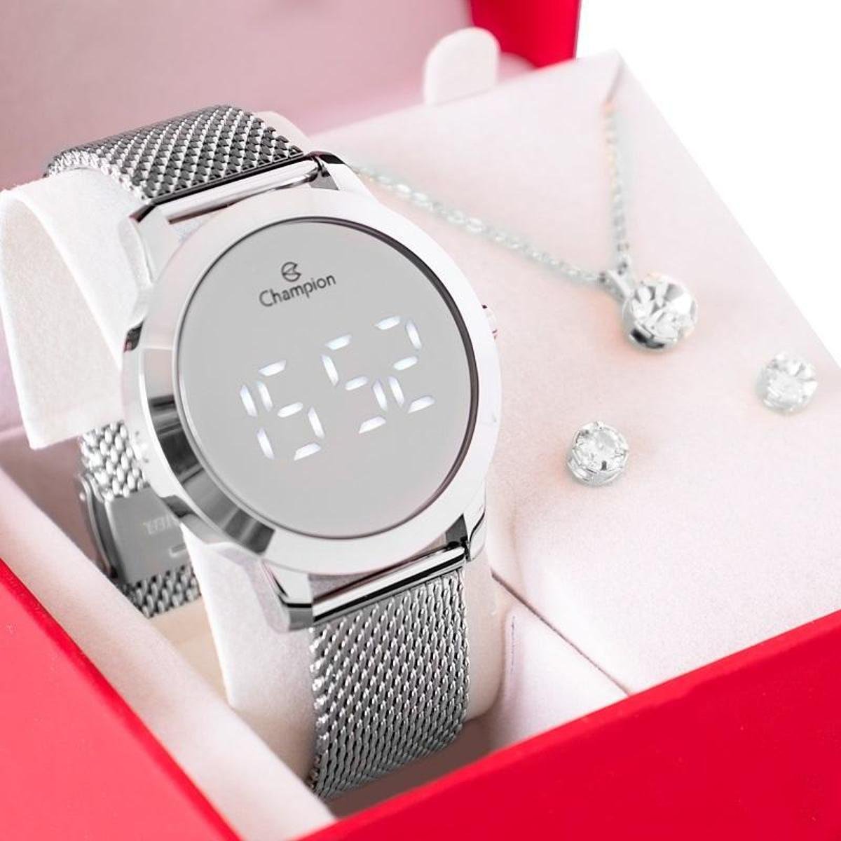 Relógio Feminino Champion Digital Espelhado Pulseira Mesh CH40106S Kit Colar e brincos