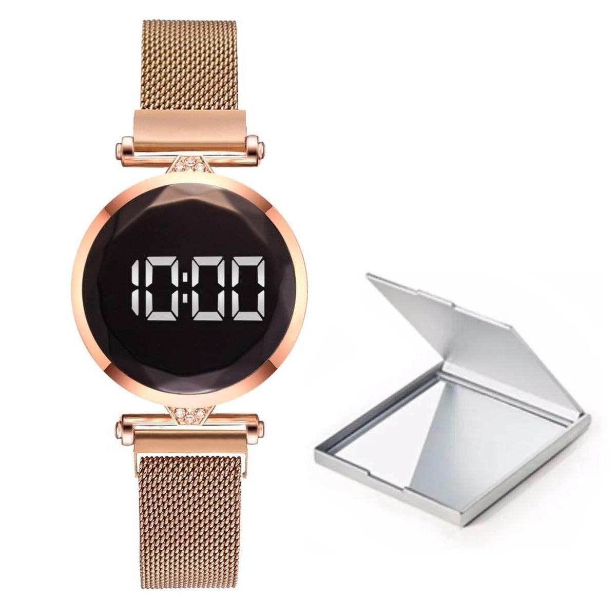 Relógio Feminino Digital Rosé Redondo Magnética Com Espelho Menor preço em Relógio Feminino Digital Rosé Redondo Magnética Com Espelho