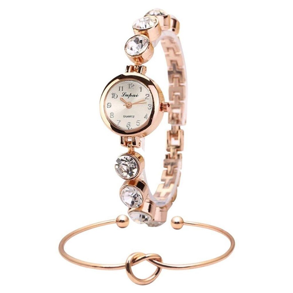 Relogio Feminino Dourado Quartz Pedras Flor Kit Bracelete