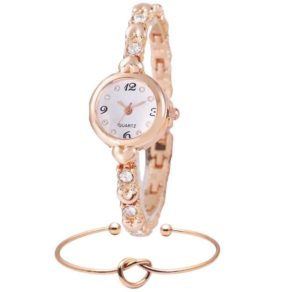Relógio Feminino Dourado Rosé Pedras Strass Com Pulseira