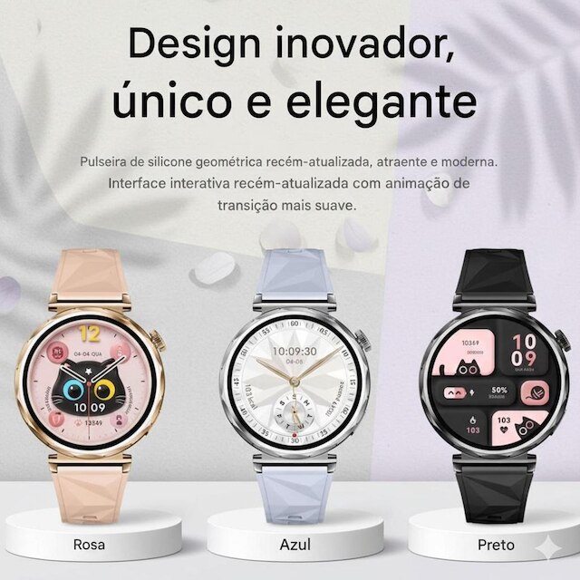 Relógio Inteligente GT5 Mini Smartwatch Feminino Delicado 41mm Gps Nfc Responde Whatsss 2 Pulseiras