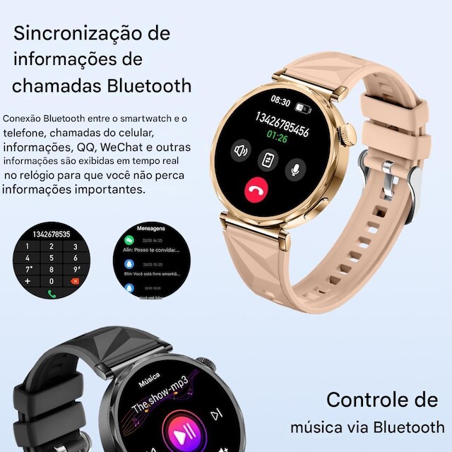 Relógio Inteligente GT5 Mini Smartwatch Feminino Delicado 41mm Gps Nfc Responde Whatsss 2 Pulseiras