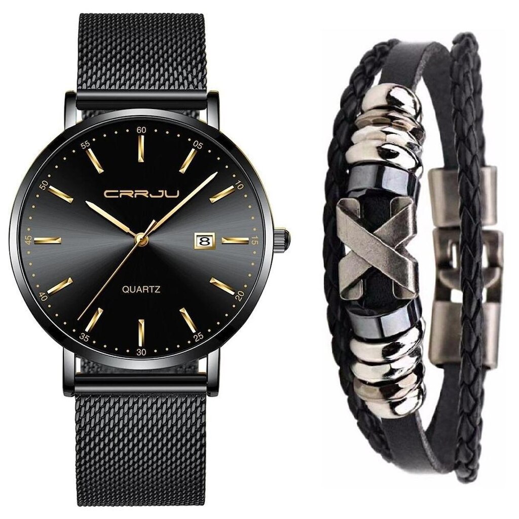 Relógio Masculino Casual Ultra Fino De Luxo Preto + Pulseira
