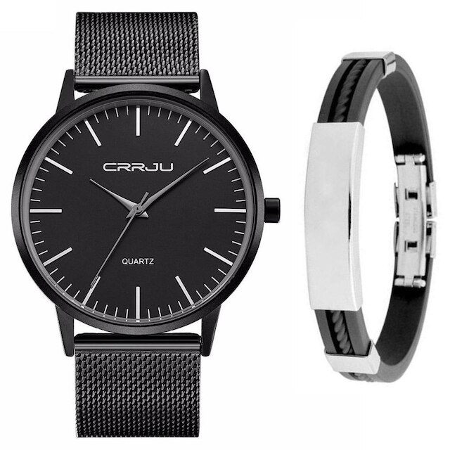 Relógio Masculino Casual Ultra Fino Preto + Bracelete Metal