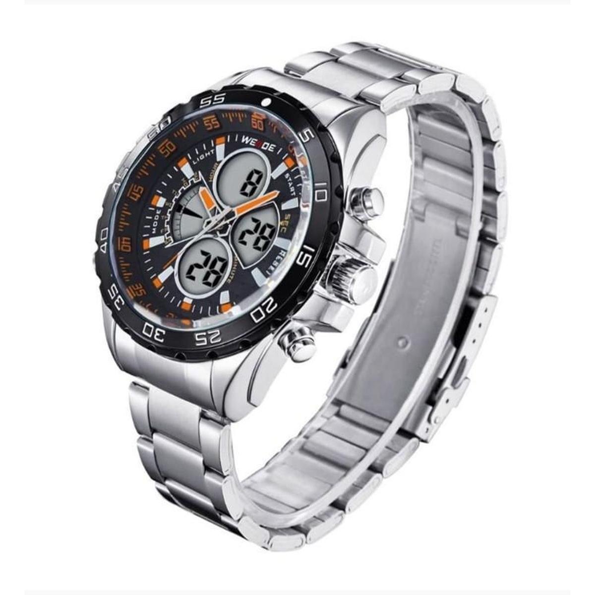 Relógio masculino digital e analógico 1103 prata laranja inox ...