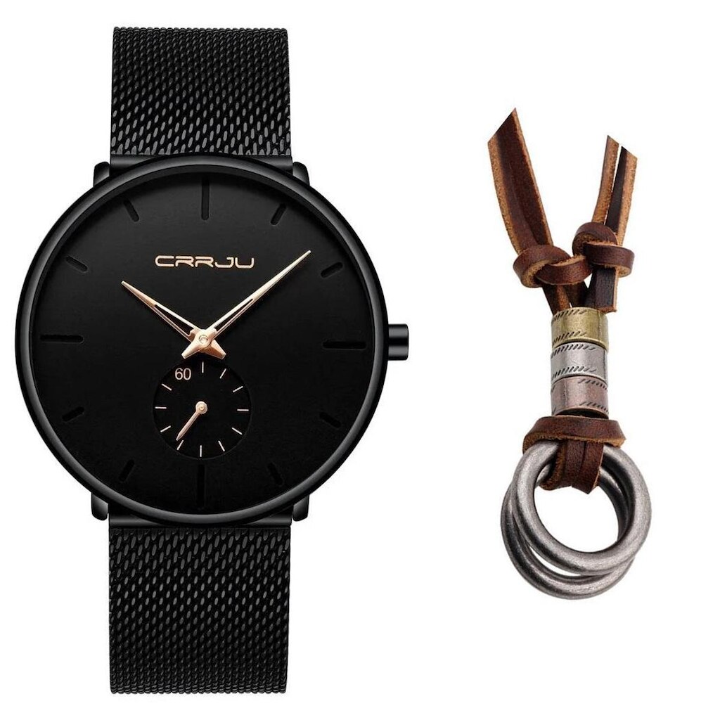 Relógio Masculino Luxo Casual Ultra Fino + Colar Dois Anéis