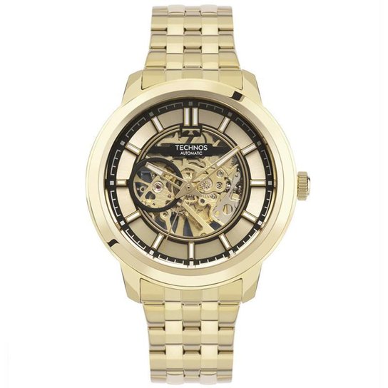 Relógio masculino technos skeleton automático dourado analógico transparente Dourado Zattini
