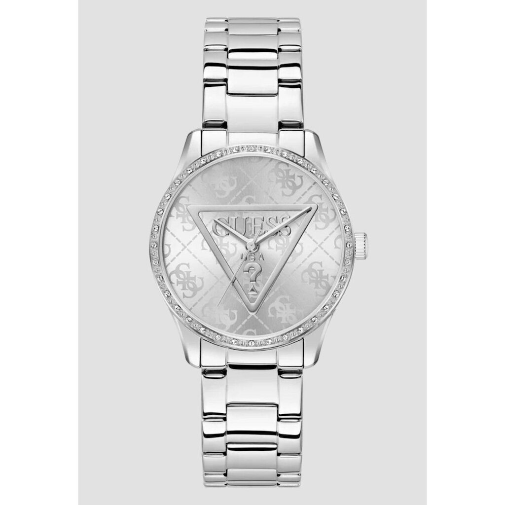 Relógio Redondo Logo Guess Cristais Prata