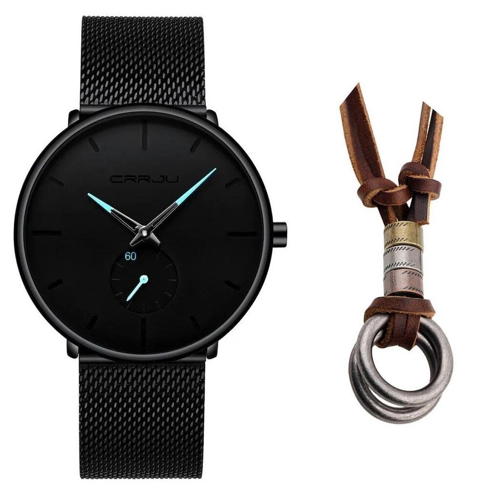 Relógio Ultra Fino Masculino Luxo Casual + Colar Dois Anéis