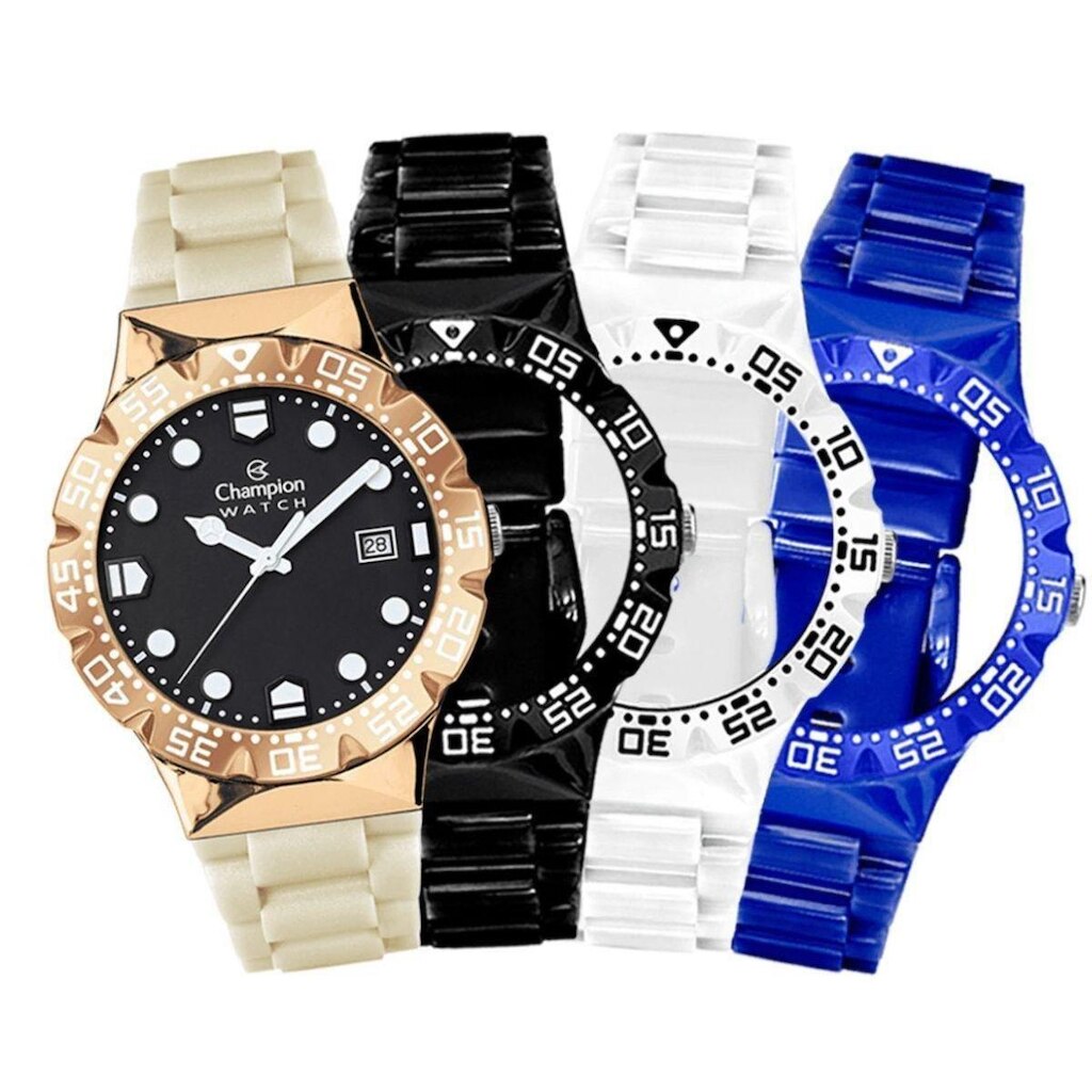 Relógio Unissex Champion Original Troca Pulseira CP31001H Pulseira Bege Fundo Preto