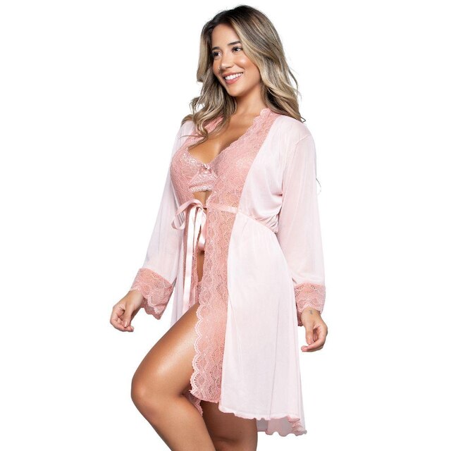 Robe tule renda Vekyo Hobby Íntimo Basico Conforto Linha Noite Feminina