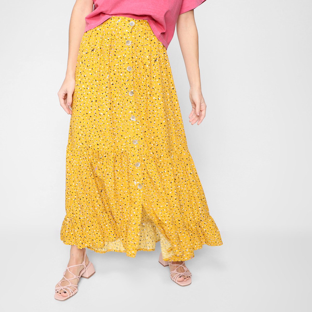 Saia Cantão Midi Padrão Semente - Amarelo Menor preço em Saia Cantão Midi Padrão Semente - Amarelo