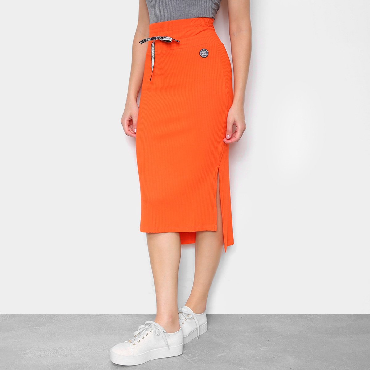 Saia Colcci Lápis Canelada Cintura Alta - Laranja Menor preço em Saia Colcci Lápis Canelada Cintura Alta - Laranja