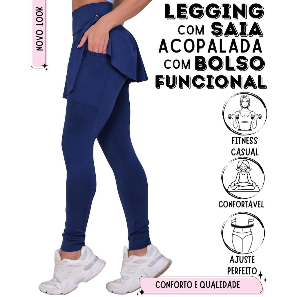 Saia Com Legging E Bolso Lateral Funcional Fitness Feminino WOLFOX Em Suplex