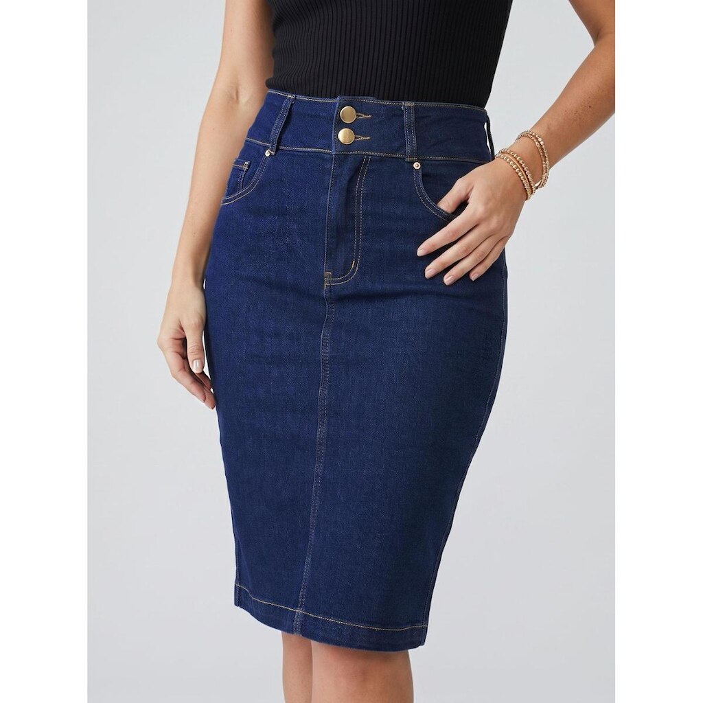 Saia Evangélica Jeans Escuro Azul Cintura Alta Reta Midi Com Botões