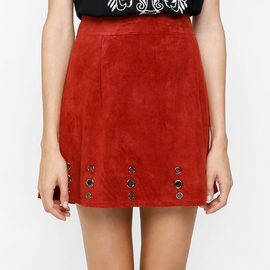 Saia Facinelli Evasê Suede Ilhós - Vermelho Claro+Azul