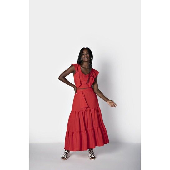Saia Feminina Super Midi Color Com Amarração e Recortes Dimy - Vermelho