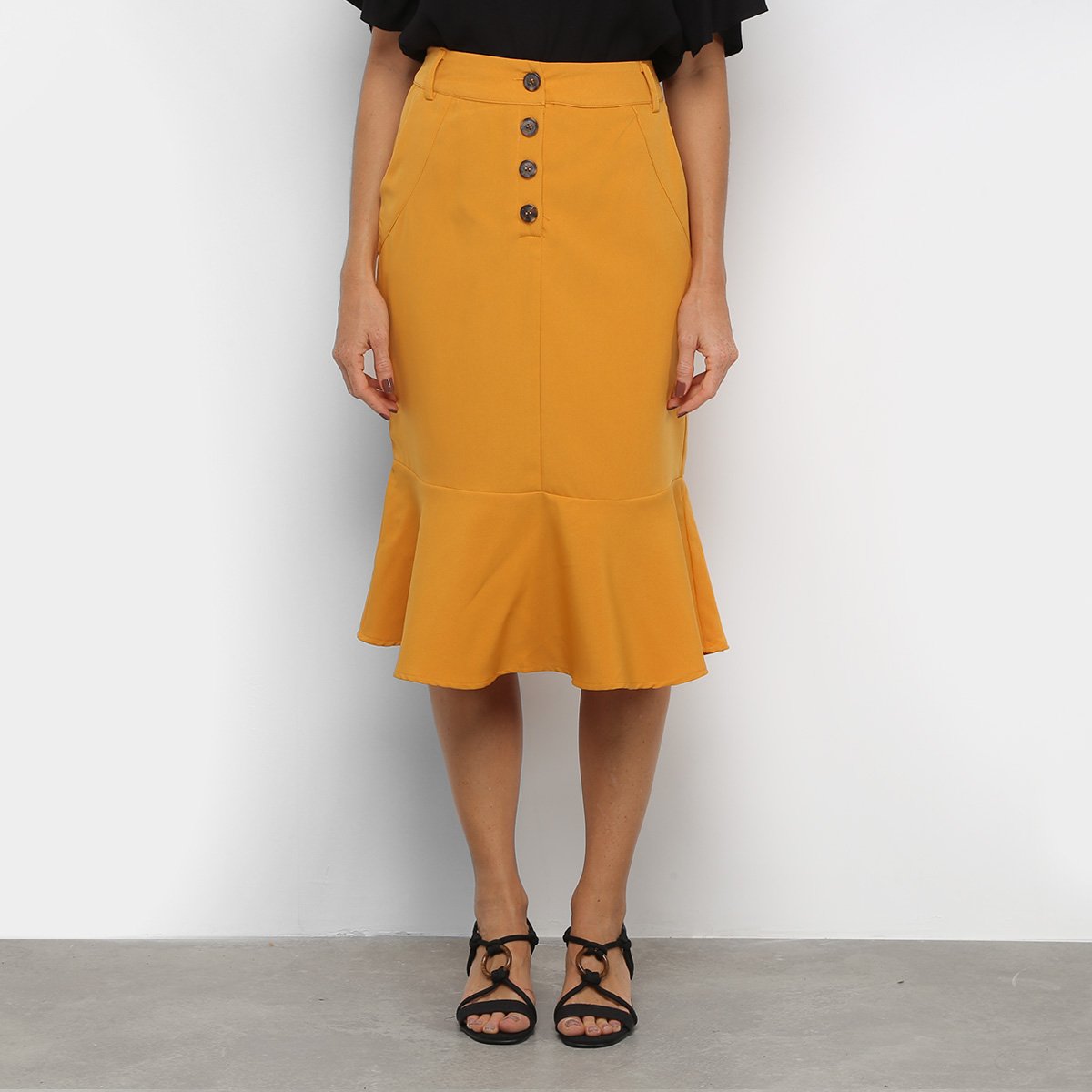 Saia Heli Midi Botões - Mostarda Menor preço em Saia Heli Midi Botões - Mostarda