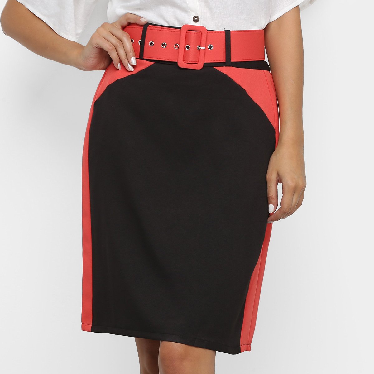 Saia Heli Reta Bicolor Cinto - Preto+Vermelho Menor preço em Saia Heli Reta Bicolor Cinto - Preto+Vermelho