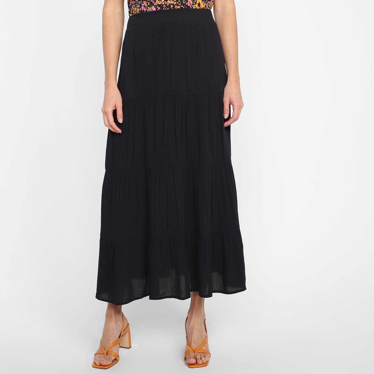 Saia Hering Evasê Longa Cintura Alta - Preto Menor preço em Saia Hering Evasê Longa Cintura Alta - Preto