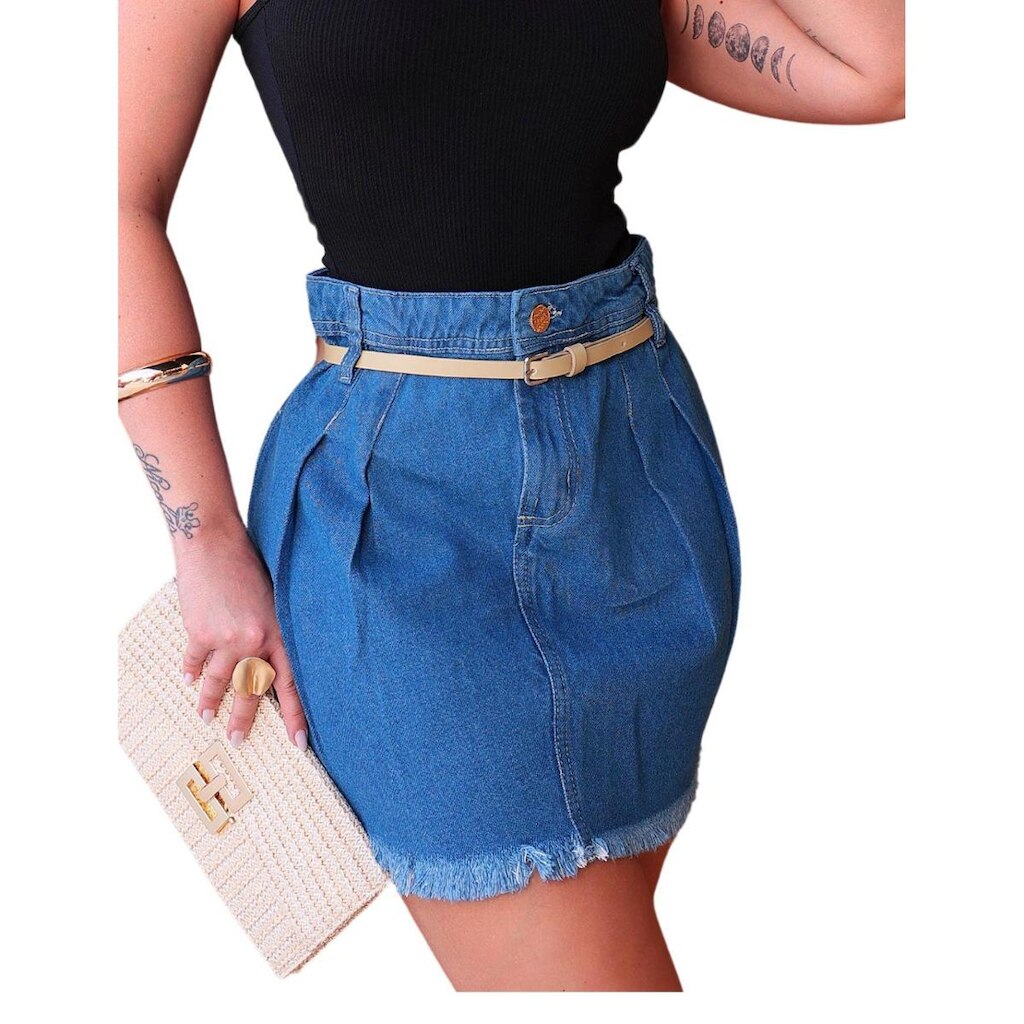 Saia Jeans Com Pregas na Frente e Cinto Cintura Alta Moda