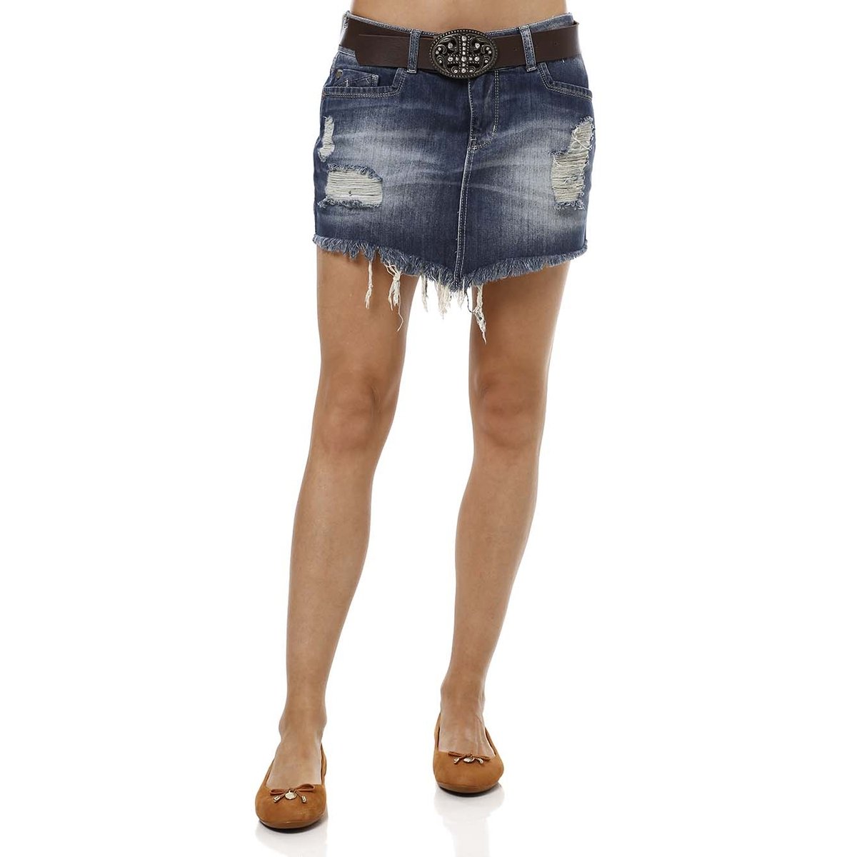 saia jeans curta com cinto