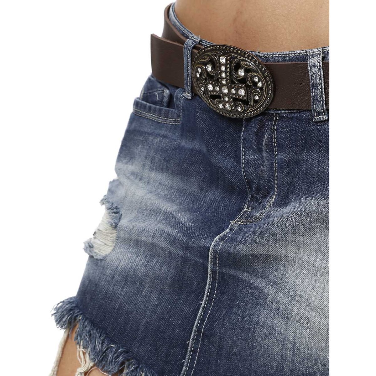 saia jeans curta com cinto