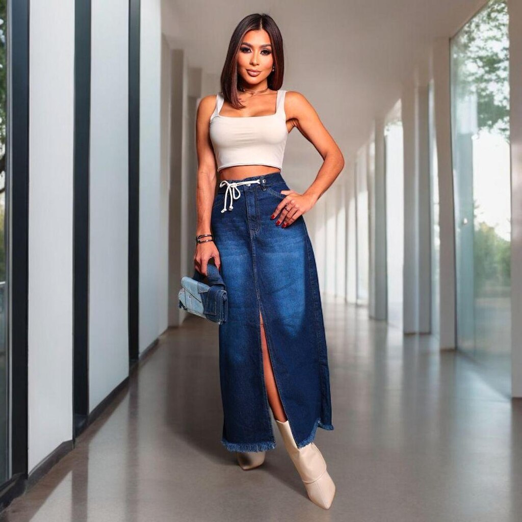 Saia jeans longa com Fenda com Cinto Moda Blogueira