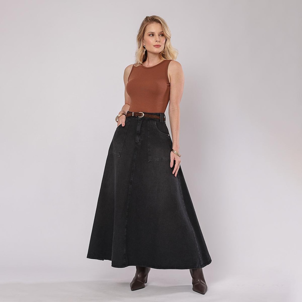 Saia Jeans Longa Maxi Moda Confortável Tendência Europa