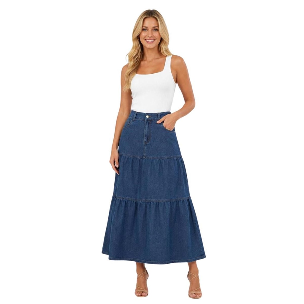 Saia Jeans Longa Três Maria Elásficnao Cintura Feminina