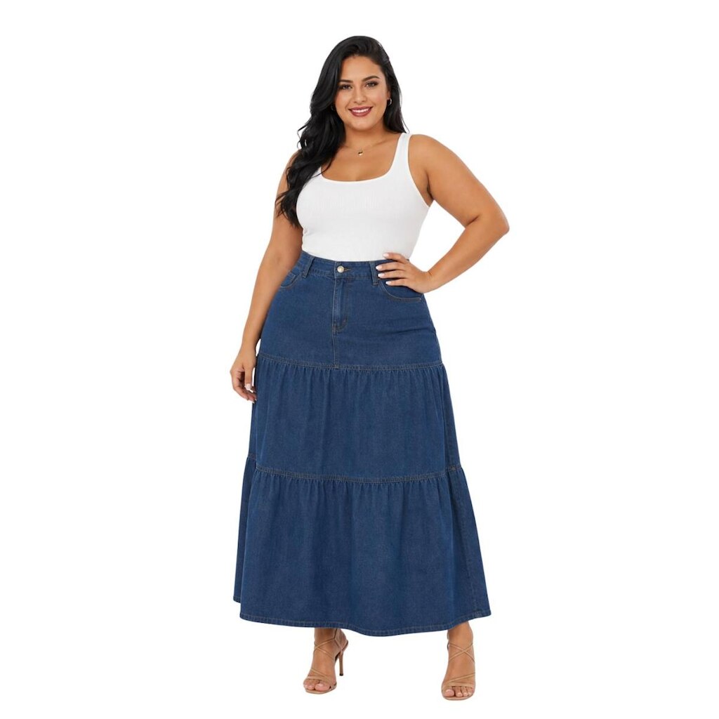 Saia Jeans Longa Três Maria Plus Size Elástico na Cintura