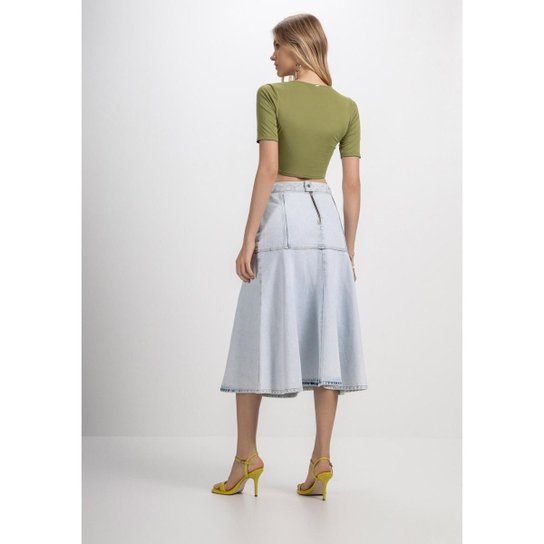 Saia Jeans Midi Cintura Alta Evasê Zattini