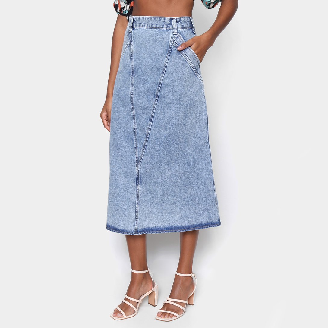 Saia Jeans Oh Boy Midi Longa Feminina Azul Zattini