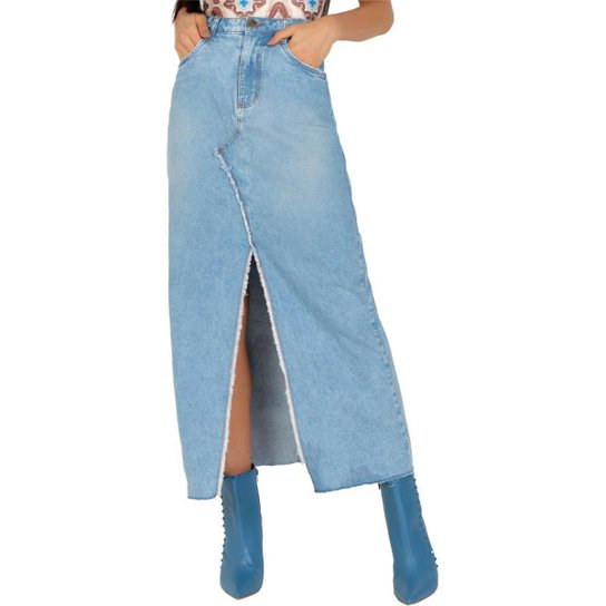 Saia Jeans Onça Preta Longa Feminino - Azul