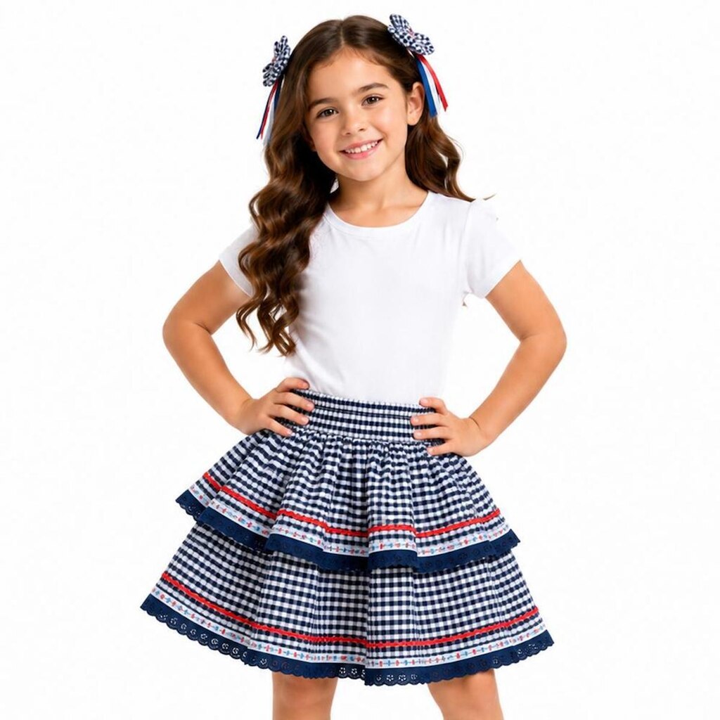 Saia Junina Juvenil Look Jeans Babado Xadrez Laranja