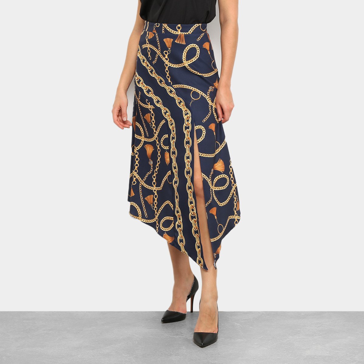 Saia Lança Perfume Midi Assimétrica Fenda - Dourado+Azul Menor preço em Saia Lança Perfume Midi Assimétrica Fenda - Dourado+Azul