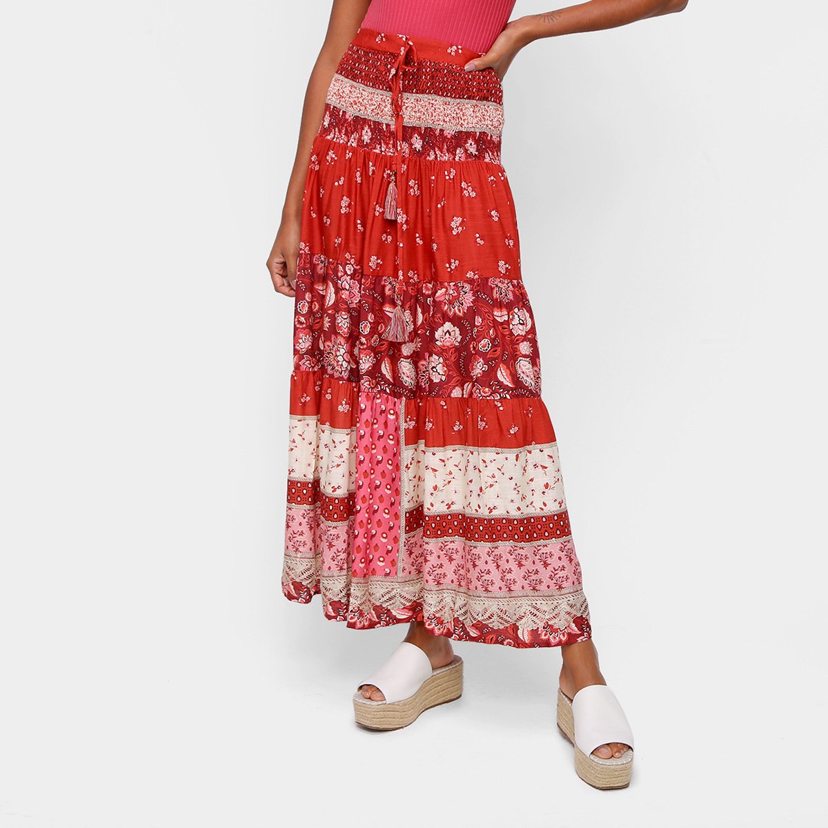 Saia Long Farm Patch Urucum - Vermelho Menor preço em Saia Long Farm Patch Urucum - Vermelho