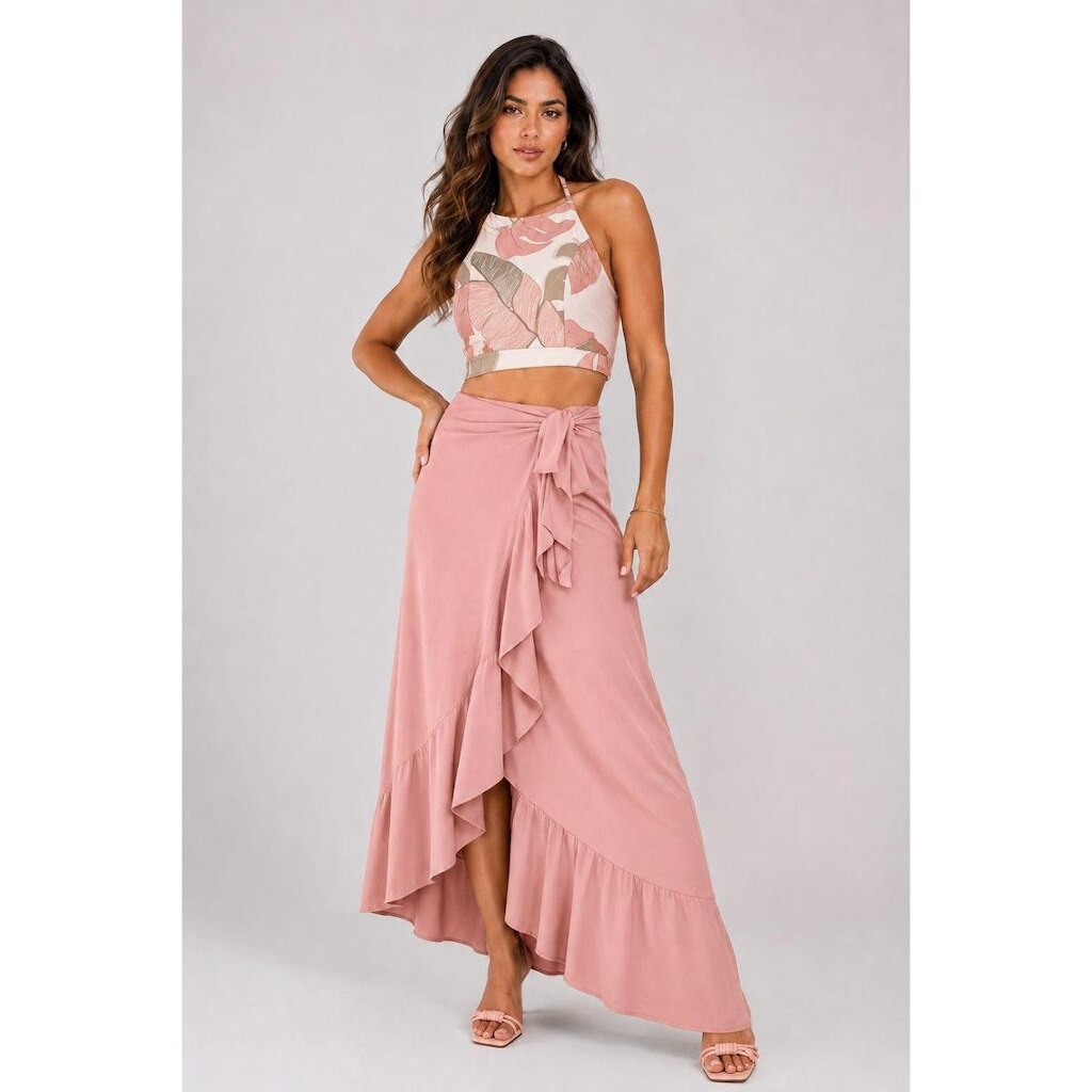 Saia Longa D Bell Outlet Fashion Babado com Fenda Rosa